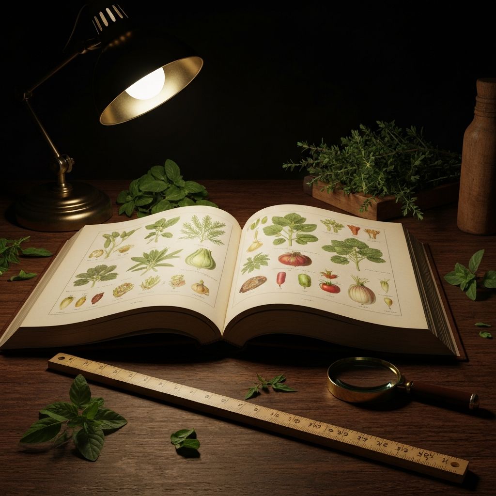 Open scientific book surrounded by botanical elements and research materials on a desk