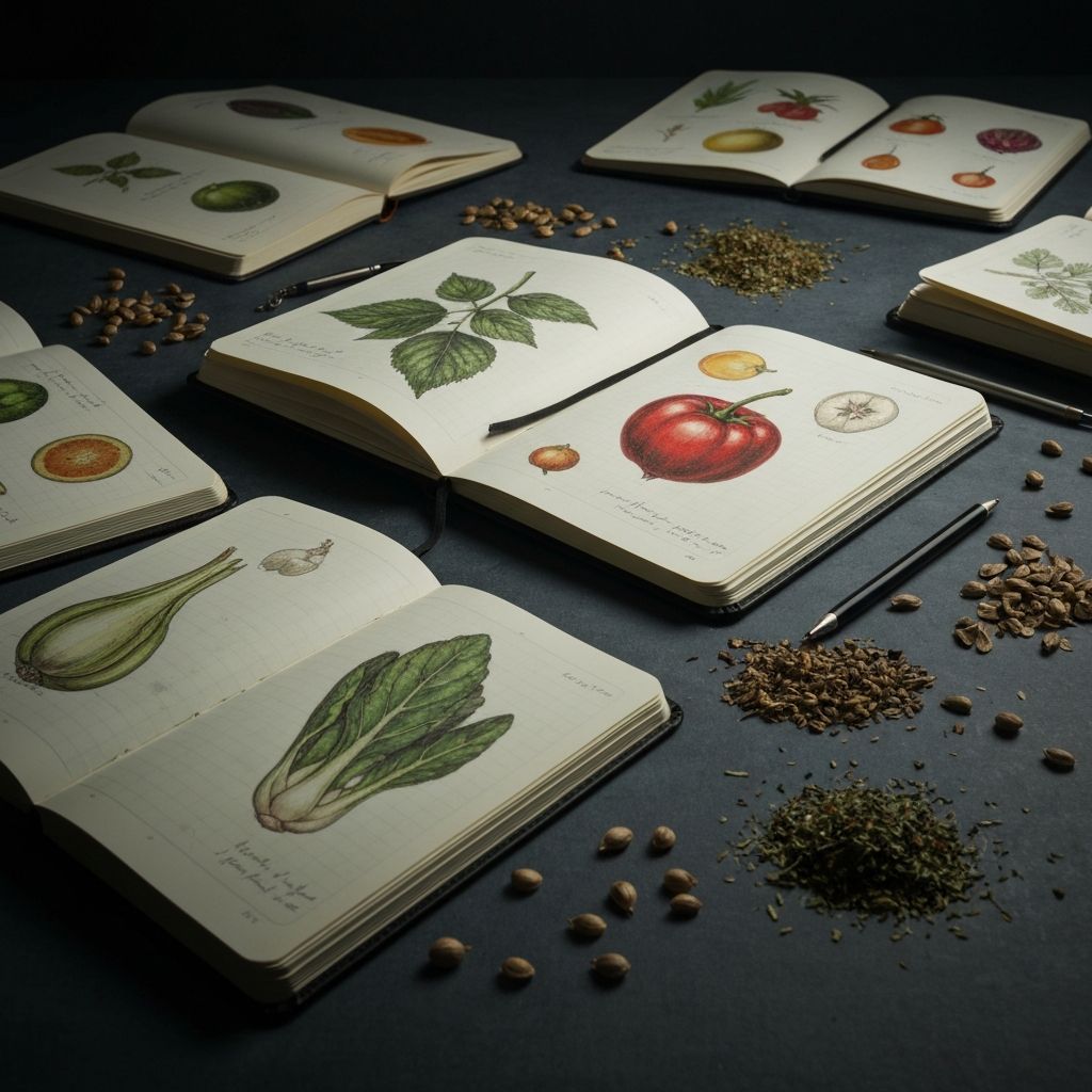 Open journals with botanical sketches and nutritional study notes on a dark surface