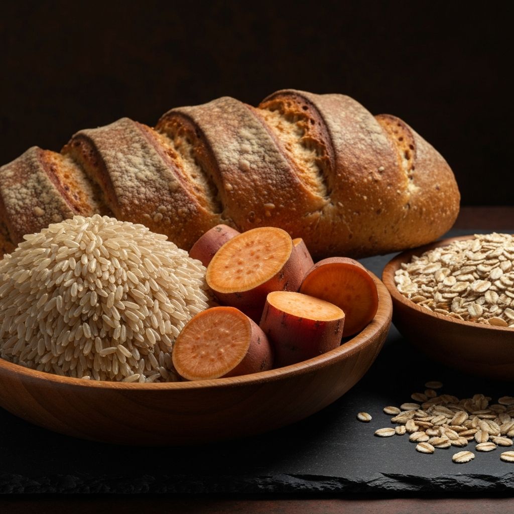 Complex carbohydrate foods including whole grains, brown rice and sweet potatoes