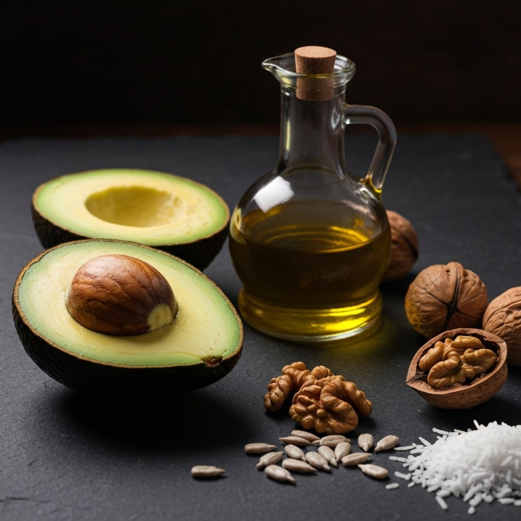 Healthy fat sources including avocado, olive oil and walnuts